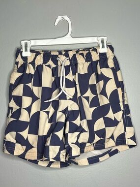 Cotton On Geometric Blue & Cream Drawstring Stretch Swim Shorts Bathing Suit D